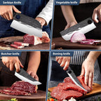 TIVOLI Professional Butcher Knife Set for Meat Processing, 7Pcs High Carbon Steel Hand Forged BBQ Knife Sets, Serbian Chef Knife Set with Ergonomic Handle for Kitchen Outdoor Cooking Father's Day Gift