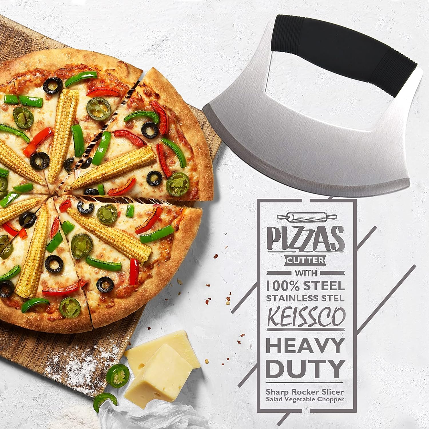 Pizza Cutter Stainless Steel Ulu knife Razor Sharp Rocker Slicer Cutter Mincing Mezzaluna Knife Salad Vegetable Chopper with Upgraded Ergonomic Anti-Slip Handle