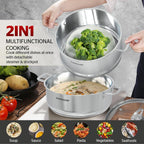 [New Version] Sunhouse 2-Tier Stainless Steel Steamer Pot with Lid - Larger 5.5 QT Steamer & 3.8 QT Stockpot Base - Induction Ready, Compatible with All Cooktops