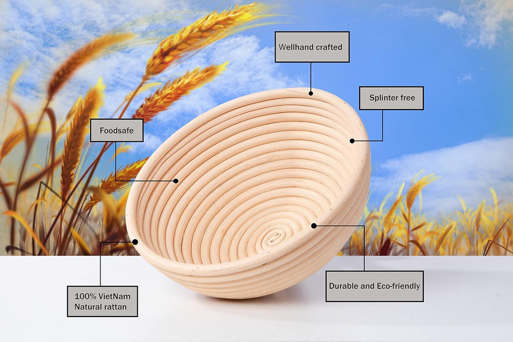 Banneton Bread Proofing Basket Set of 2 (9 Inch, Unbleached Rattan) – Round Dough Proofing Bowls with Cloth Liners for Artisan Sourdough Bread