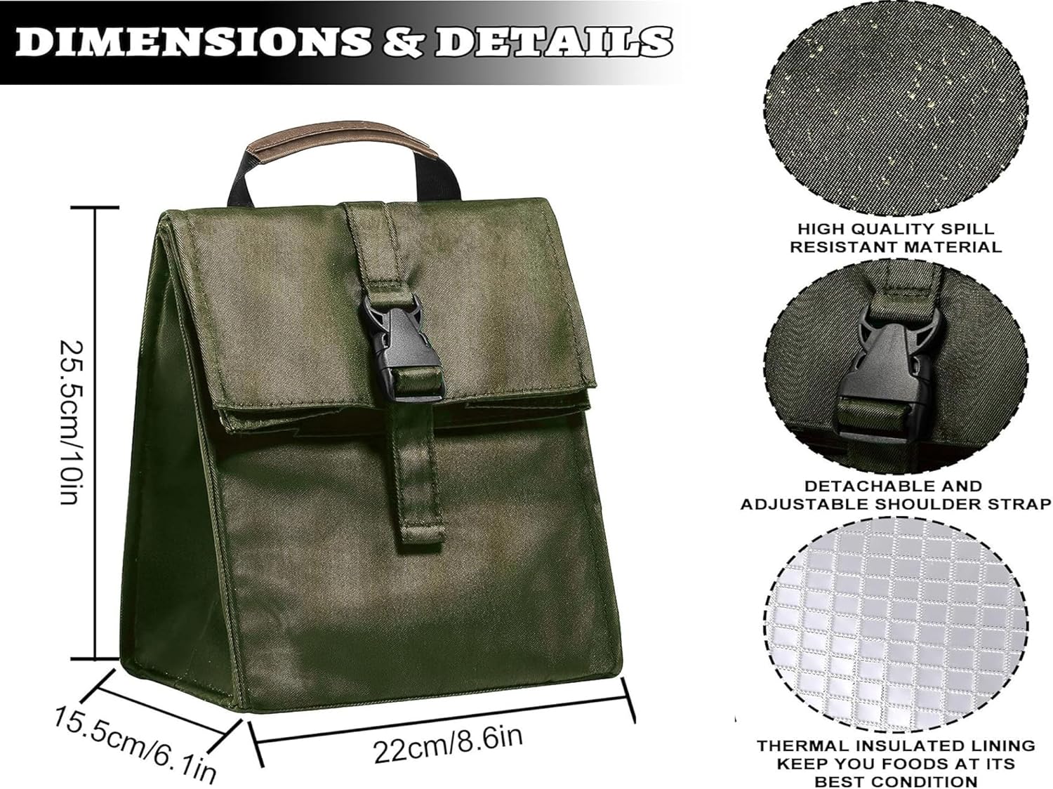 Insulated Foldable Lunch Bag- Lightweight Portable with Adjustable Shoulder Strap Lunch Box for Men, Women, Office, Work, Picnic, Hiking and Beach (Army Green(Soft Fabric))