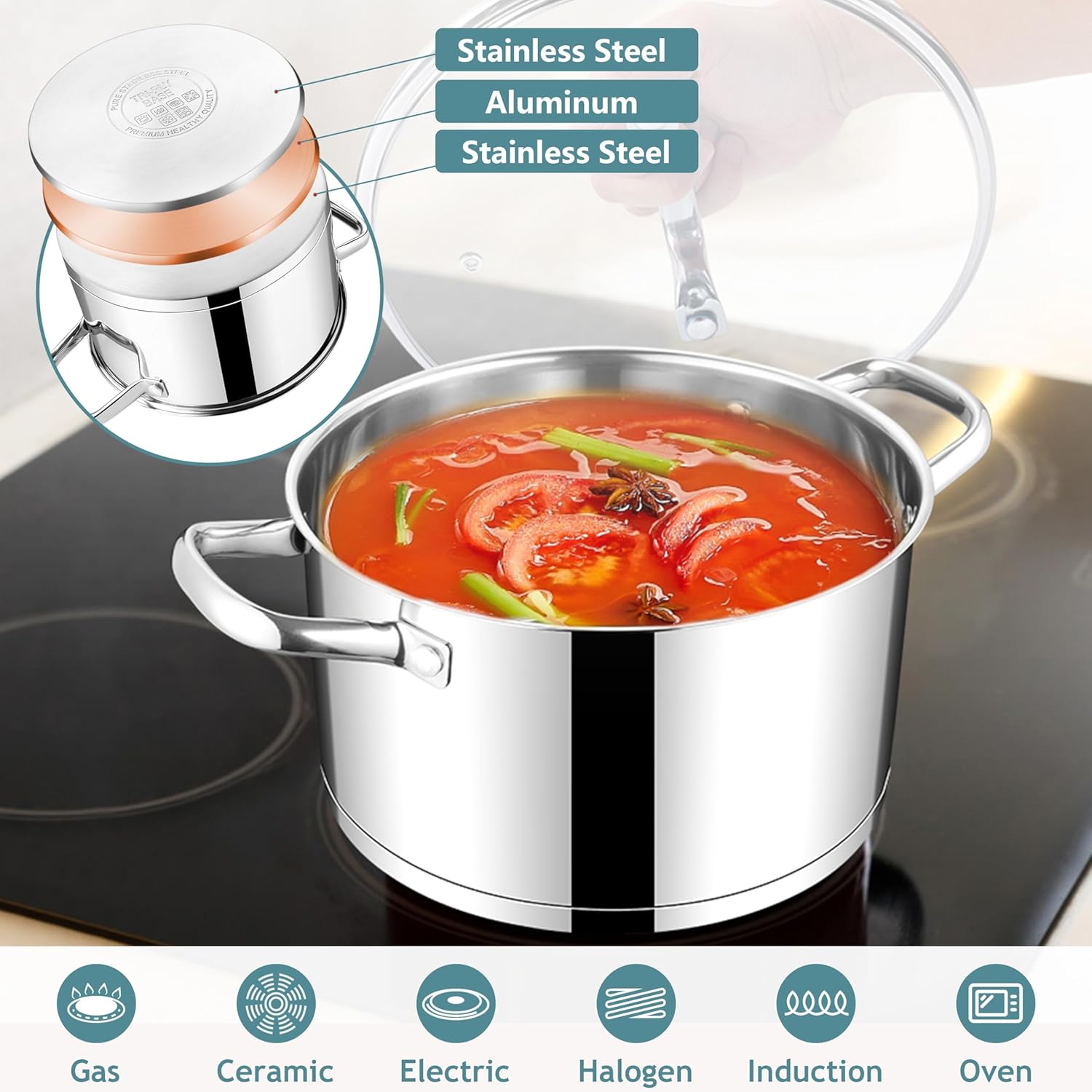 E-far 4 Quart Stock Pot with Lid, Stainless Steel Stockpot for Cooking Simmering Soup Pasta Sauce, with Tri-Ply Bottom & Visible Cover, Induction/Gas/Dishwasher Safe, Heavy Duty & Non Toxic