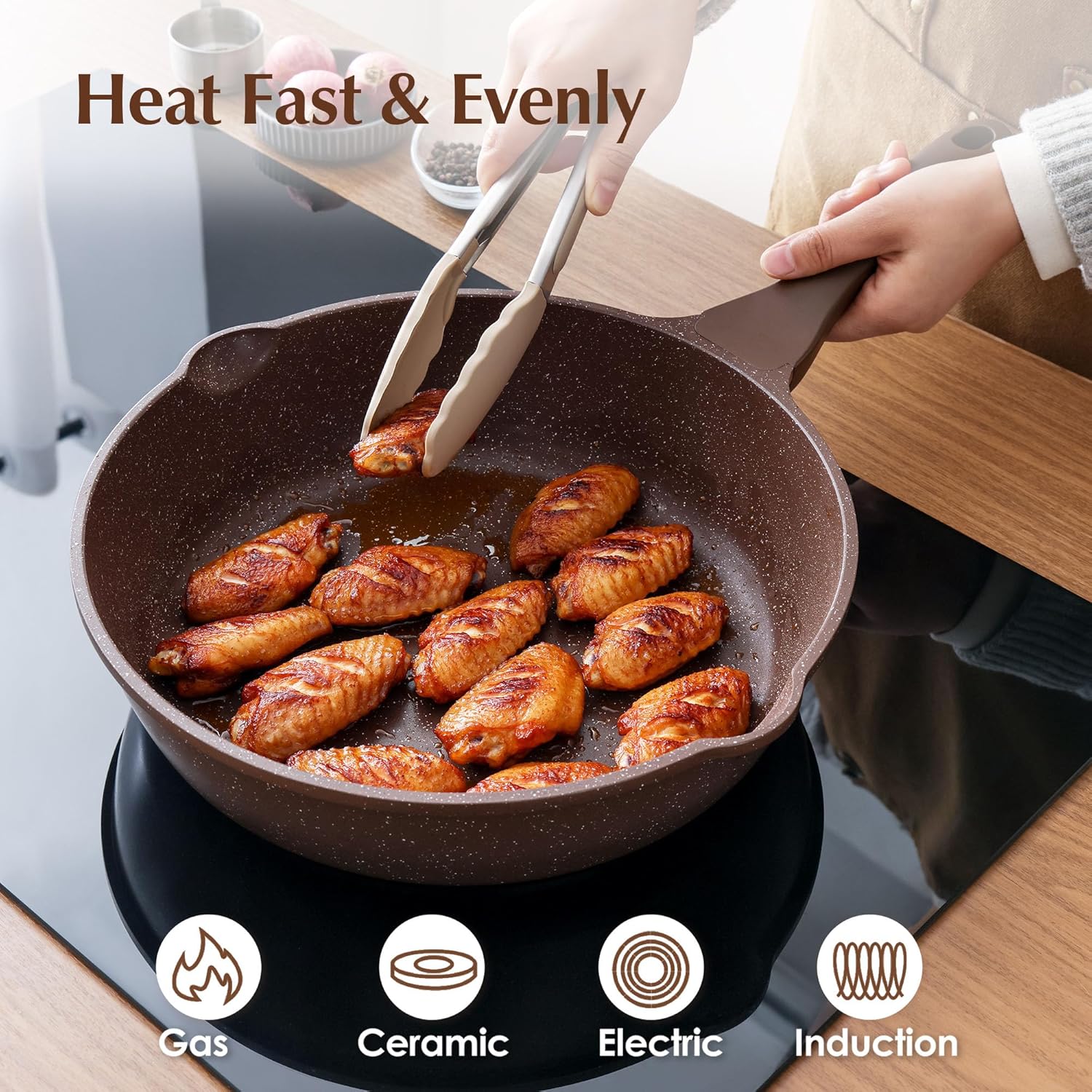 SENSARTE Nonstick Deep Frying Pan Skillet, 12-inch Saute Pan with Lid, Stay-Cool Handle, Healthy Cookware Cooking Pan with Cover, Induction Compatible (Toffee Brown)