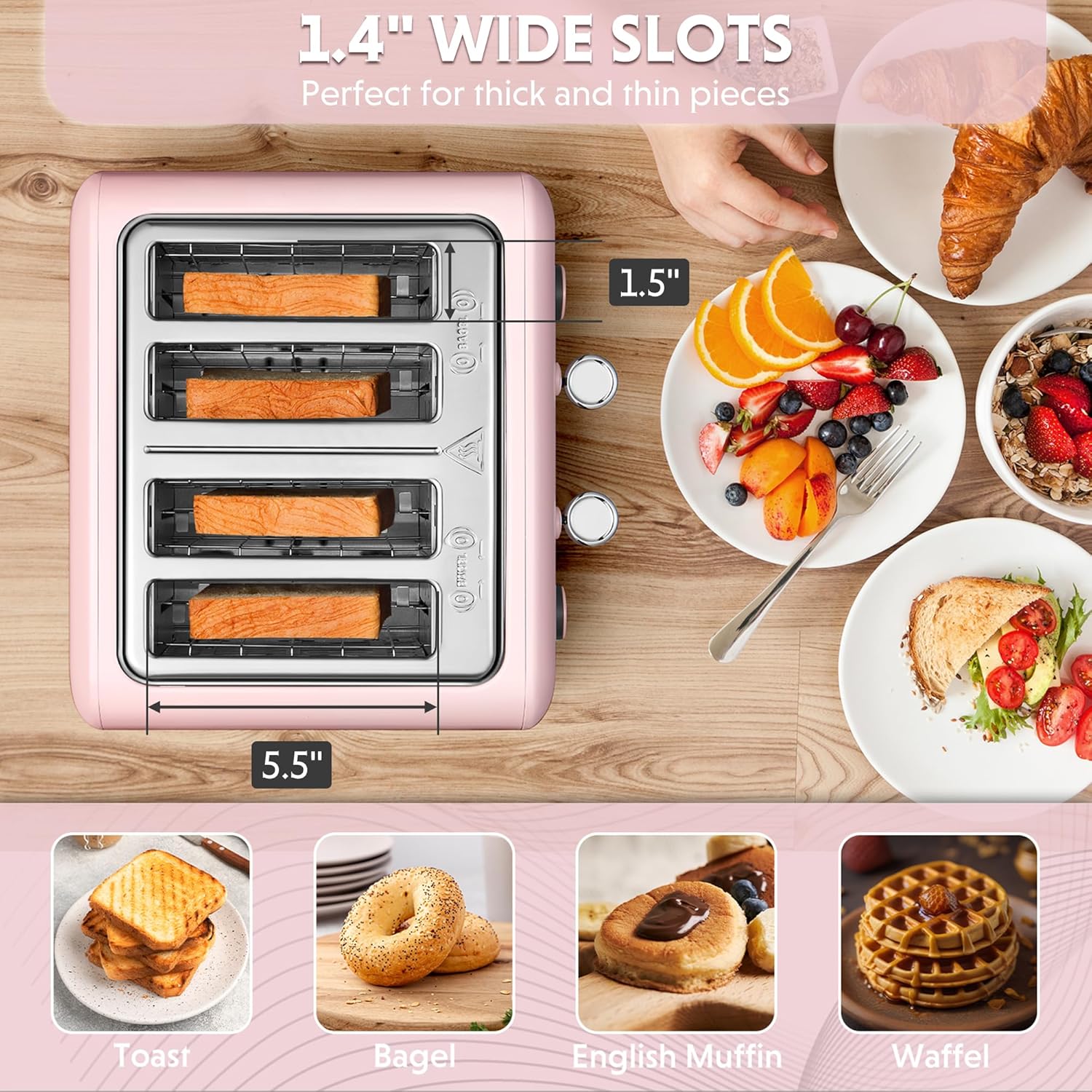 BUYDEEM DT640 4-Slice Toaster, Extra Wide Slots, Retro Stainless Steel with High Lift Lever, Bagel and Muffin Function, Removal Crumb Tray, 7-Shade Settings,Pink