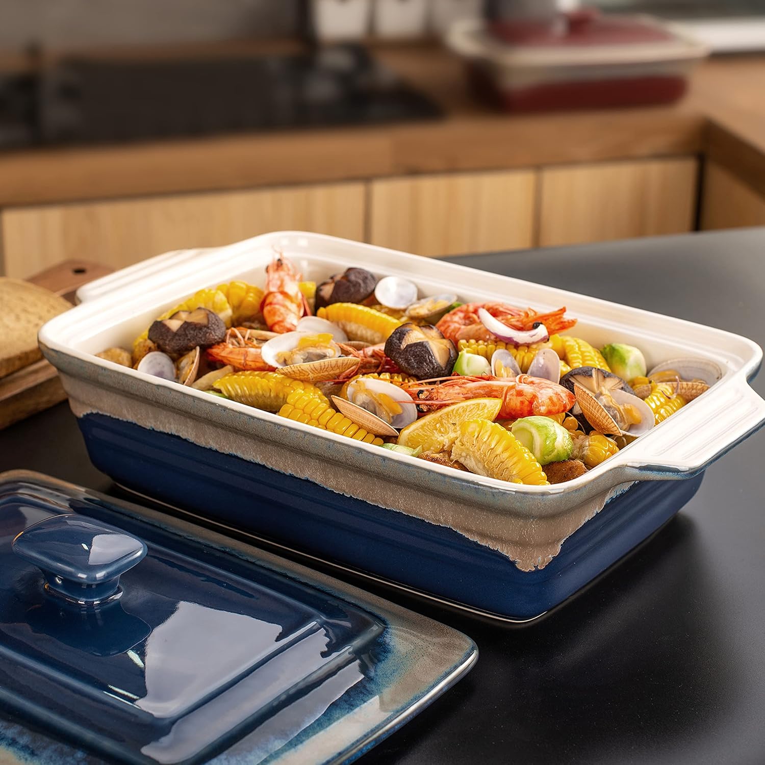 LOVECASA 4.5 Quart Ceramic Casserole Dish with Lid, 9x13 Baking Dish for Oven, Lasagna Pan Deep with Handles, Stoneware Bakeware, Oven & Dishwasher Safe, Blue Gray Gradient