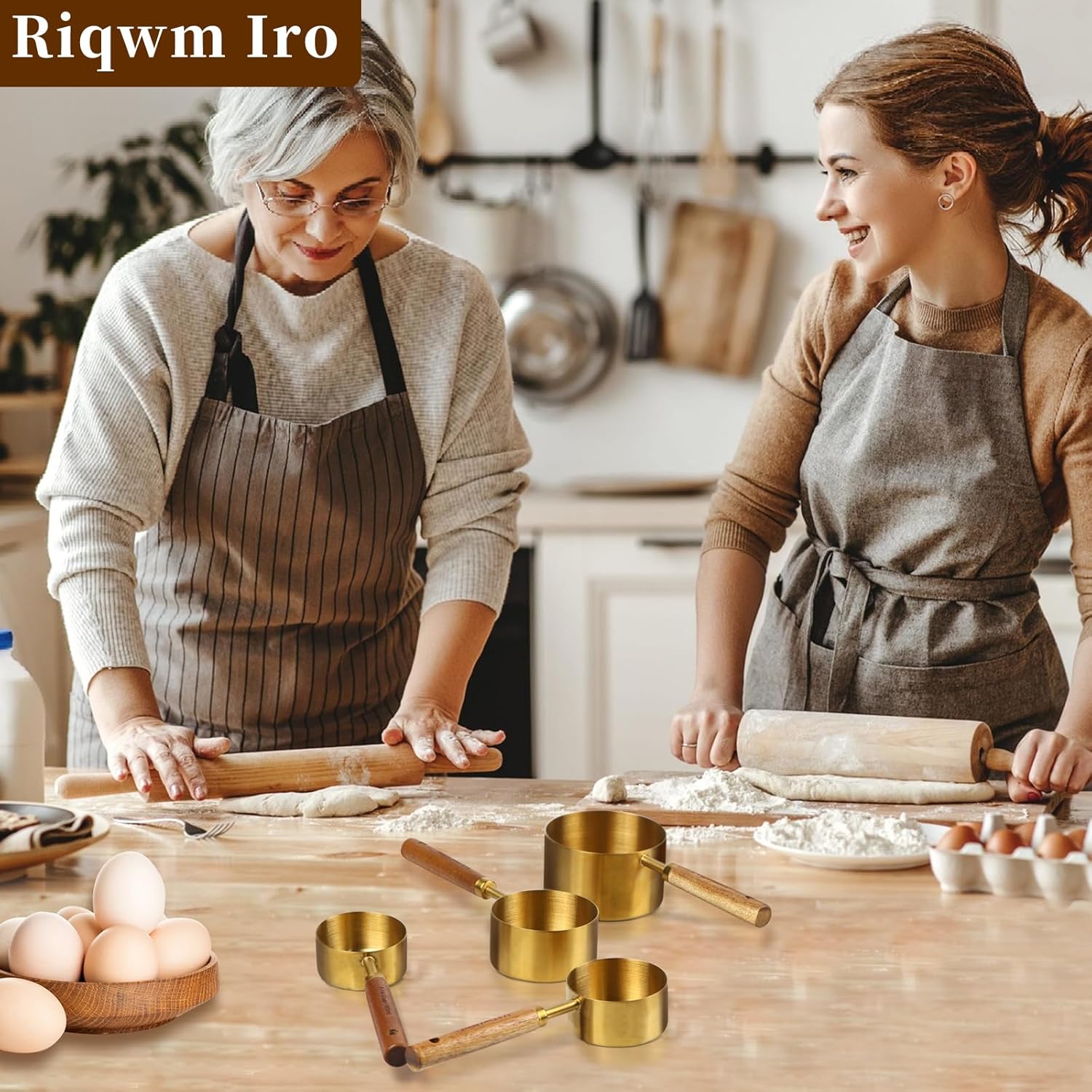 4 Piece gold measuring cups set，Golden Stainless Steel Measuring Cup and spoons set with Wooden Handle for Food/Liquid/Baking in the Kitchen