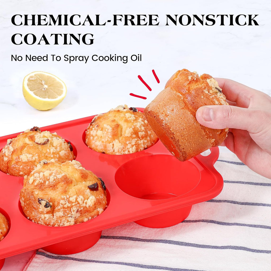 1 Pc Jumbo Muffin Pan with Metal Frame, Nonstick 6 Cup Extra Large Cupcake Pan for Baking, Silicone Deep Muffin Tray for Egg Bites (Red)