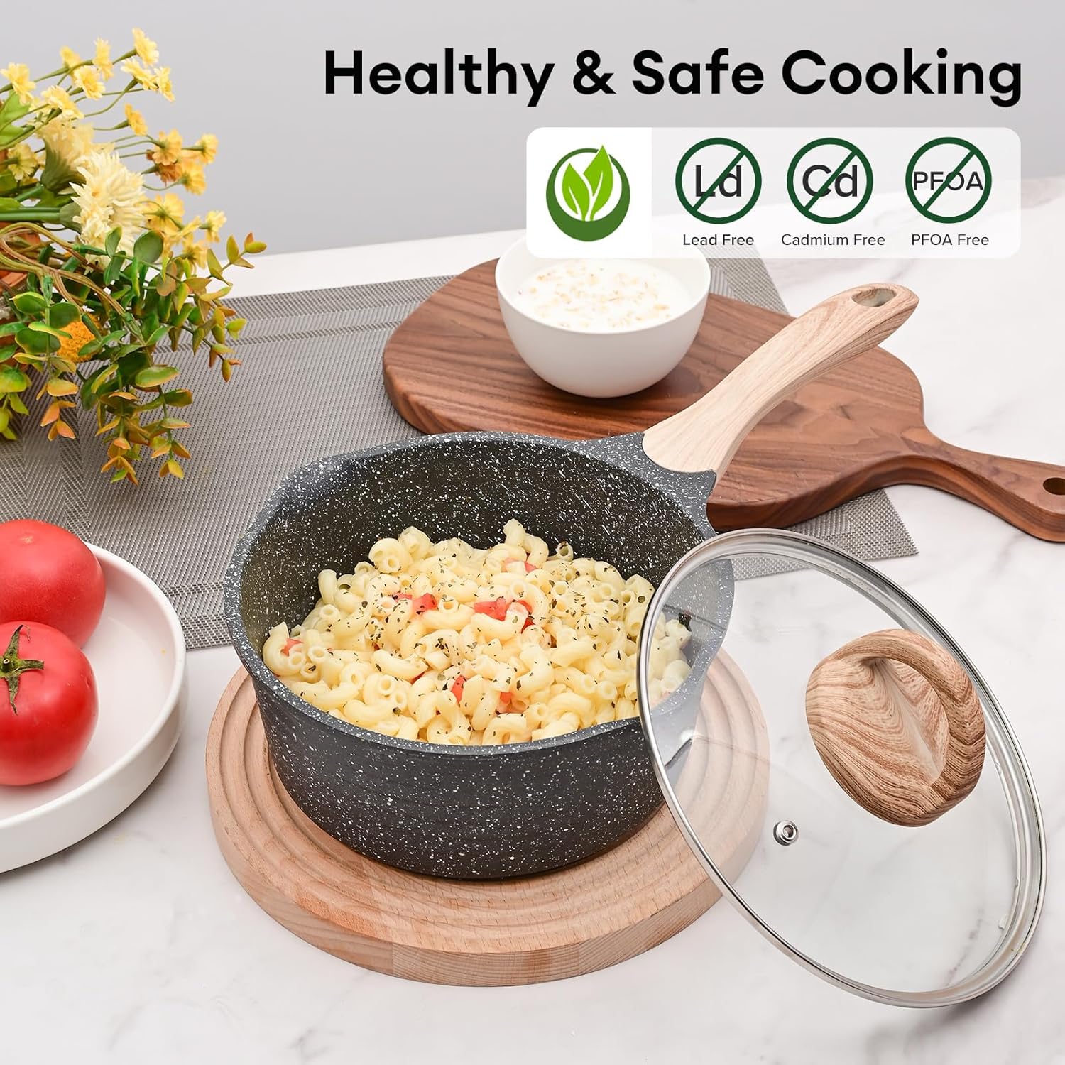 JEETEE 1.5 Quart Sauce Pan with Lid, Non Stick Small Pot with Coating, Masterclass Cookware Sauce Pot for Cooking, PFOA/PFOS Free