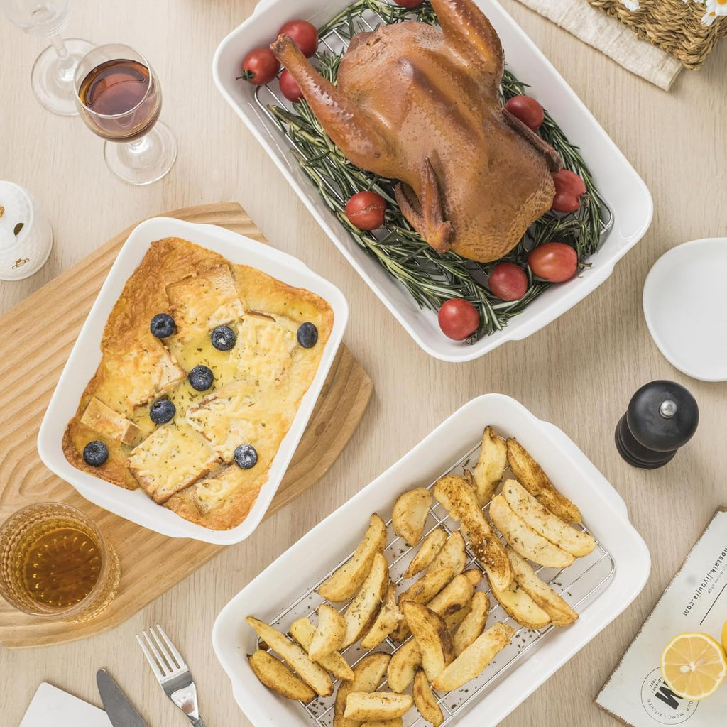 Casserole Dish with Roasting Racks, 3 QT Baking Dish with Handles, White Bakeware, Ceramic Baking Pan, Microwave Oven Safe, Dinner, Wedding (13.6"*8.7")