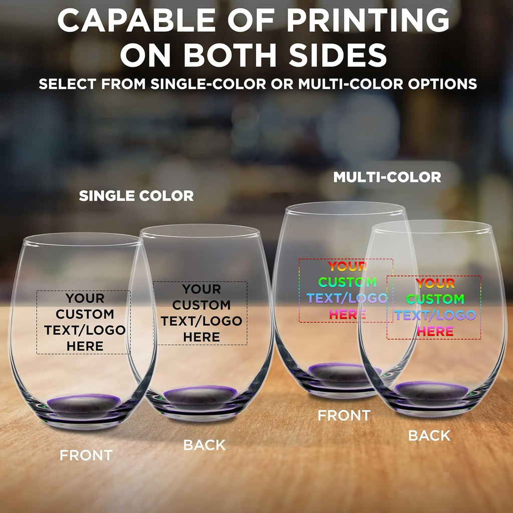 Custom Stemless Wine Glasses in Bulk by ARC Perfection, 15 oz, 100 pack, Personalized Text, Logo, Purple or White Wine Glass Set, Purple