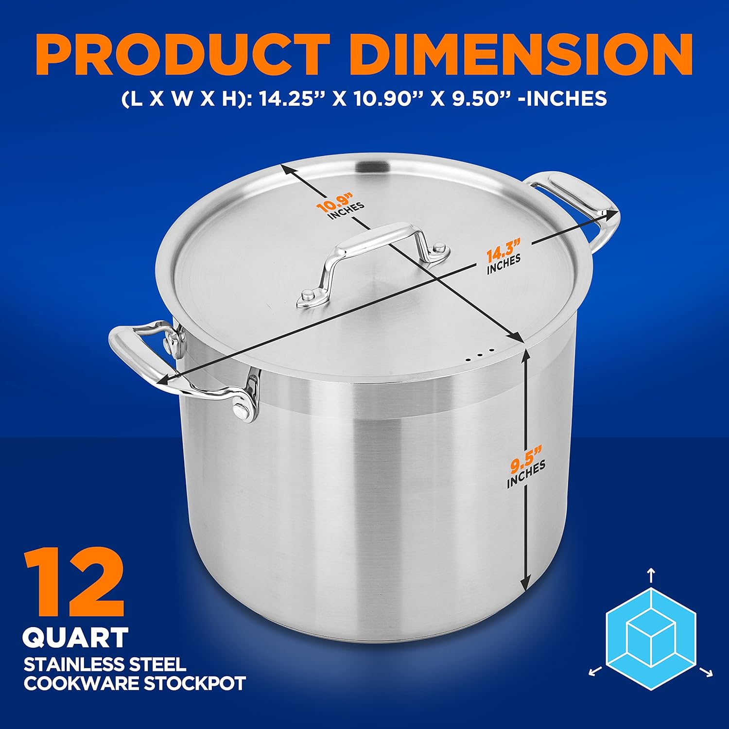 NutriChef 12-Quart Stainless Steel Stockpot with Stainless Steel Lid - 18/8 Food Grade Heavy Duty Large Stock Pot for Stew & Soup, Works w/Induction