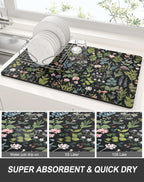 Rnivvi Dish Drying Mat for Kitchen Counter, 12 x 19" Cute Flower Theme Super Absorbent Draining Pad, Non-Slip Heat Resistant Coffee Bar Mat for Coffee Machine Station Accessories, Black Dish Rack Pad