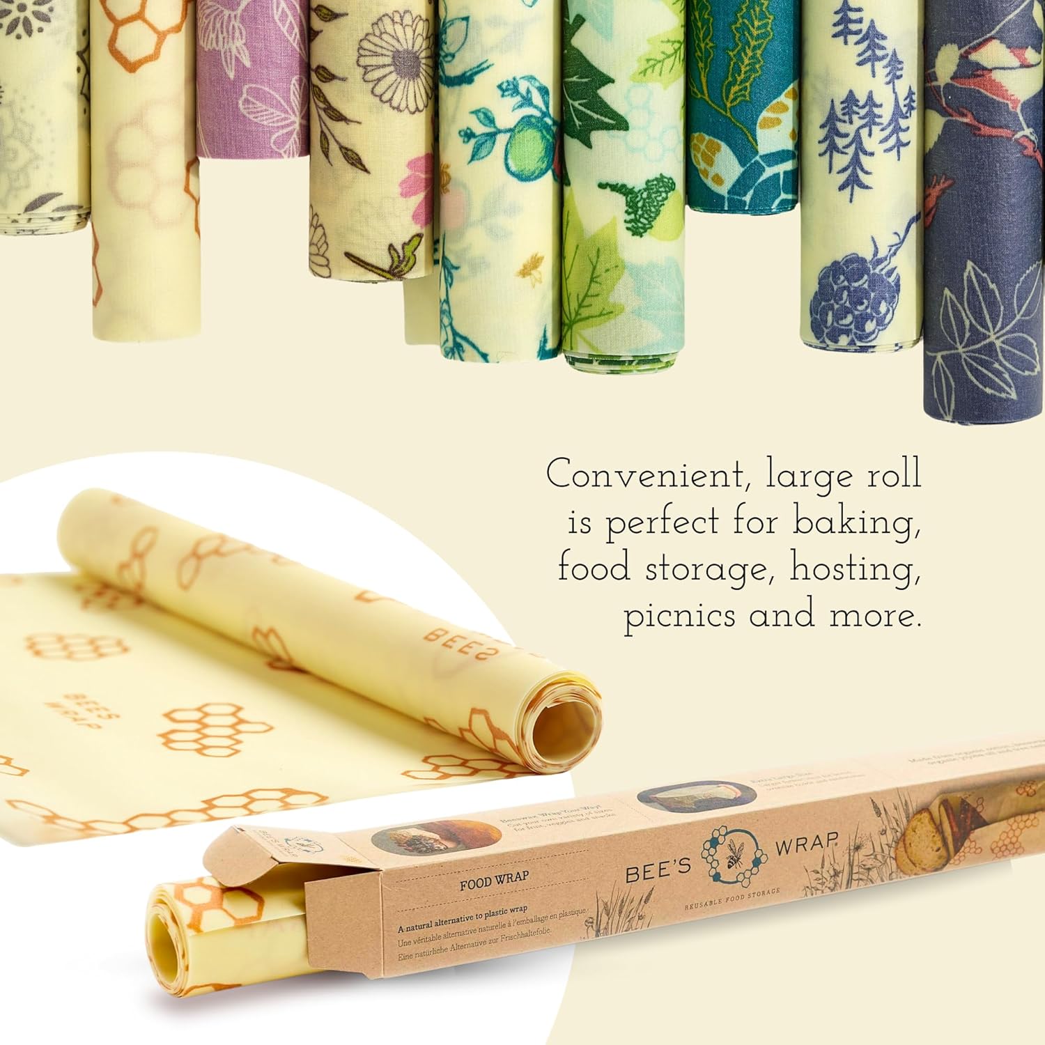 Bee's Wrap Beeswax Wraps for Food - Botanical Cut to Size 14x52" Wax Paper Roll - Made in USA Reusable Waxed Paper & Bowl Covers - Organic & Eco-Friendly Alternative to Aluminum Foil & Plastic Wrap