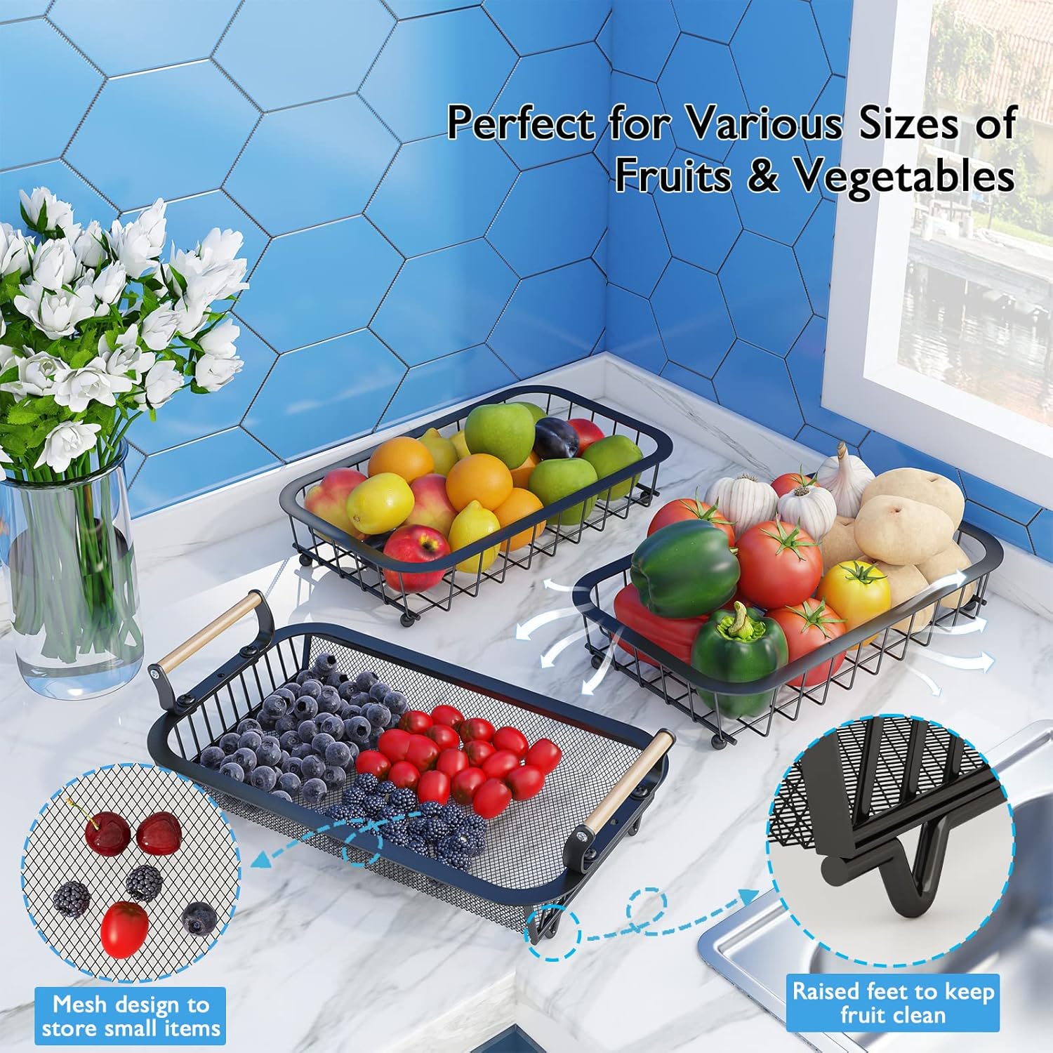 ANTOPY 3 Tier Fruit Basket with 2 Banana Hangers, Countertop Fruit Vegetable Basket Bowl for Kitchen Counter Metal Mesh Basket Fruits Stand Produce Holder Organizer for Onion Potato Bread Snack Veggie