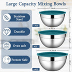 LIANYU Mixing Bowls Set with Airtight Lids, Stainless Steel Large Metal Kitchen Bowls Set of 3, Dishwasher & Freezer Safe, 1.5QT & 3QT & 4.6QT, Blue