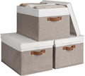 StorageWorks Storage Bins with Lids, Decorative Storage Boxes with Lid and PU Handles, Foldable Storage Baskets for Closet, Shelves, Stackable, Brown and White, Jumbo, 3-Pack