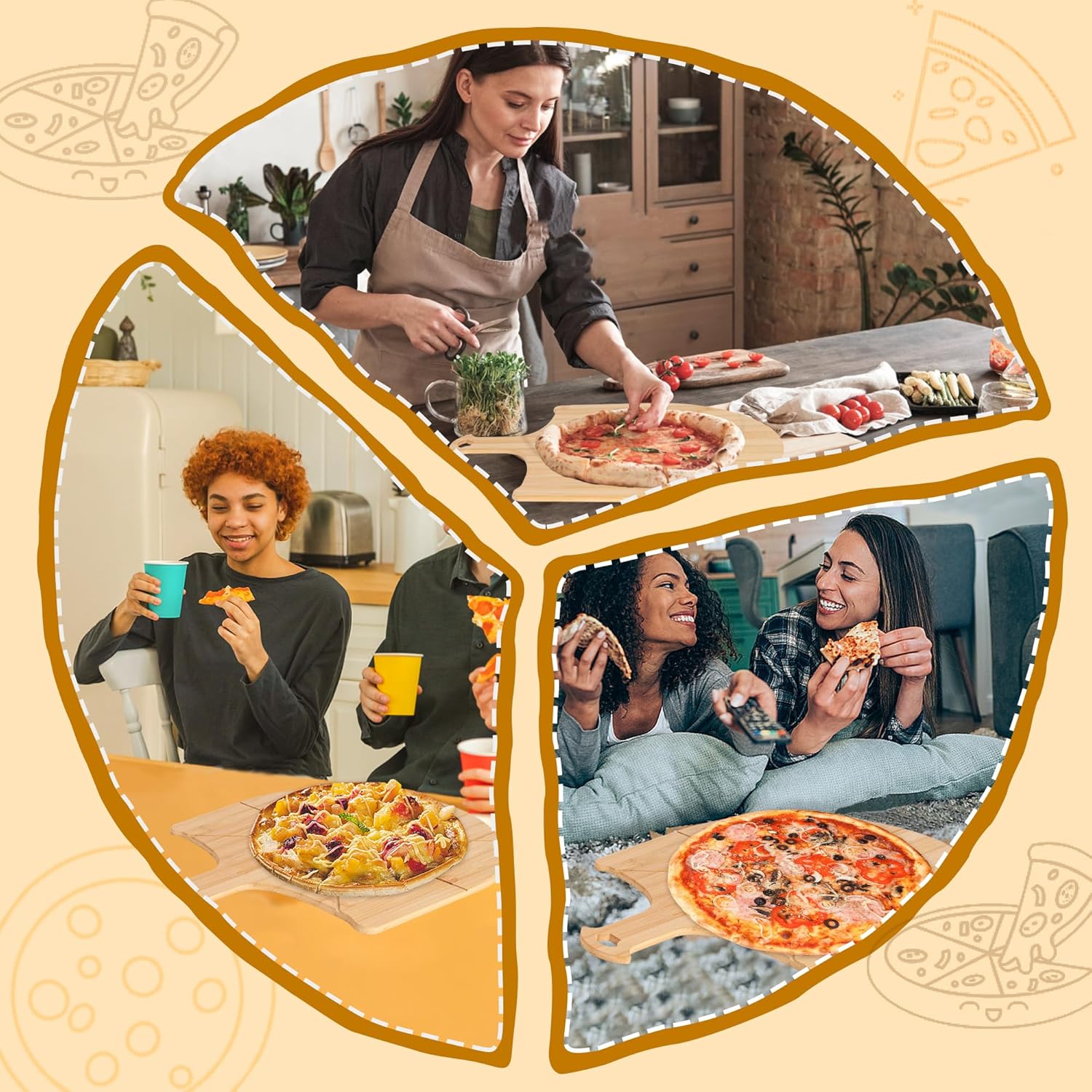 Pizza Peel Wooden, 12 Inch Pizza Spatula Wood Non-Stick, Bamboo Pizza Paddle as Cutting Board with Cutting Grooves for Easy Pizza and Bread Making