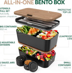 Umami Premium Lunch Box Containers w/ 4 Utensils, 2 Sauce Jars, Nestable Space-Saving Bento Box Adult, 100% Leakproof, Microwavable Lunch Containers for Adults, Cherry Black, 50 oz