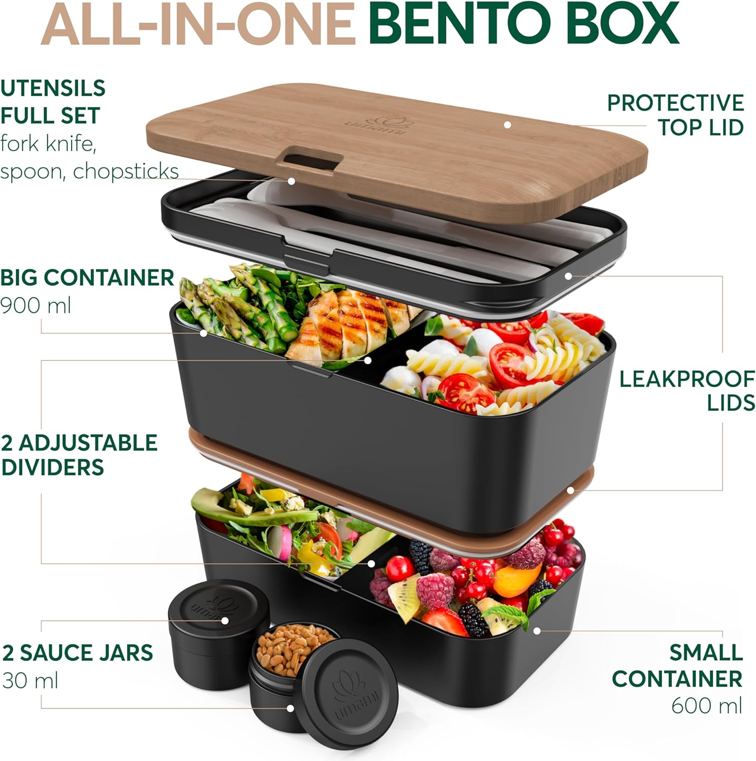 Umami Premium Lunch Box Containers w/ 4 Utensils, 2 Sauce Jars, Nestable Space-Saving Bento Box Adult, 100% Leakproof, Microwavable Lunch Containers for Adults, Cherry Black, 50 oz