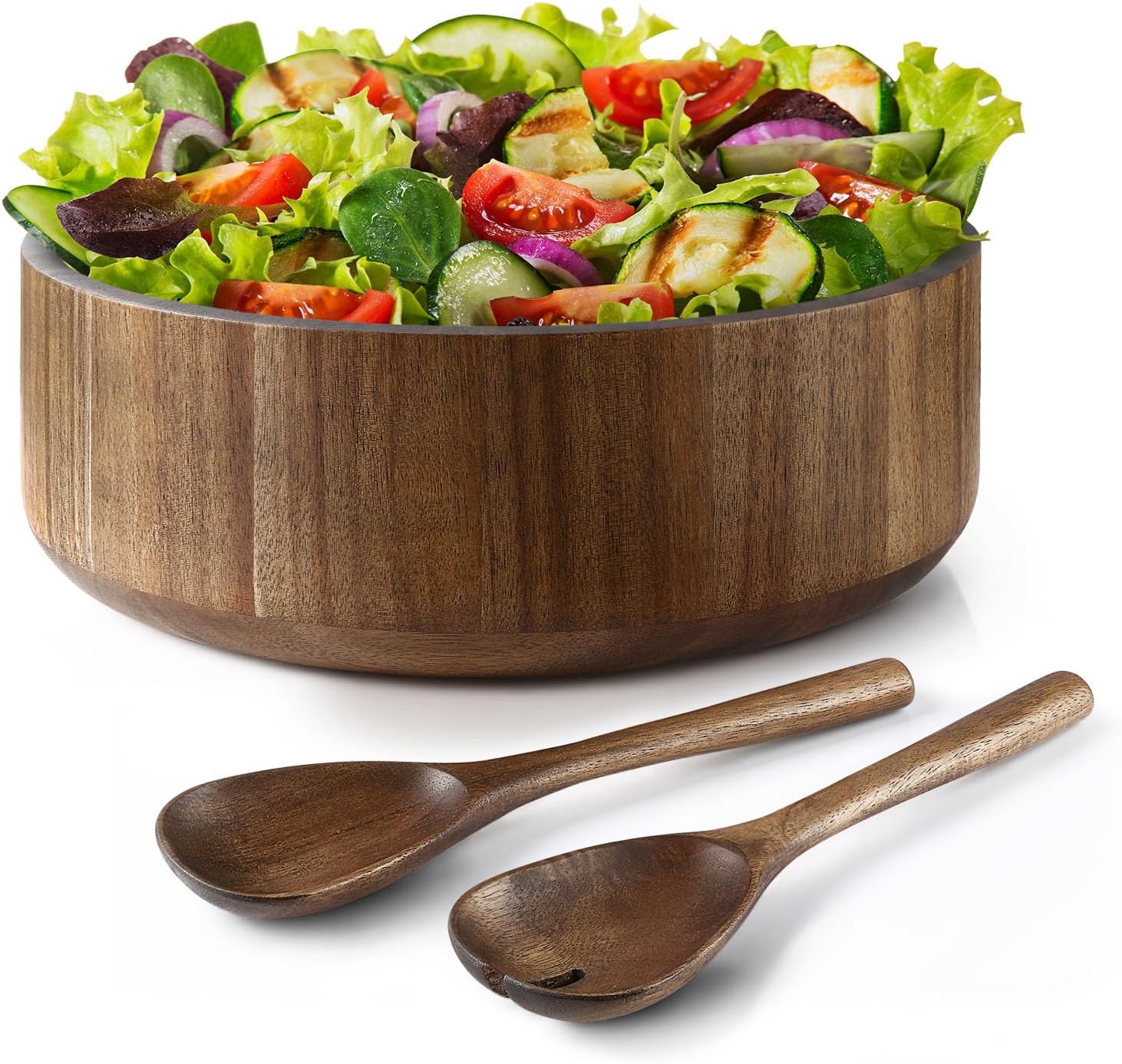 Wooden Salad Bowl, Acacia Walnut Wood Salad Bowl Set, 12 * 4.3 inch Large Natural Wooden with Fork and Spoon,Premium Eco-Friendly 346oz /10.8qt for Kitchen,Dining,Serving & Mixing Food