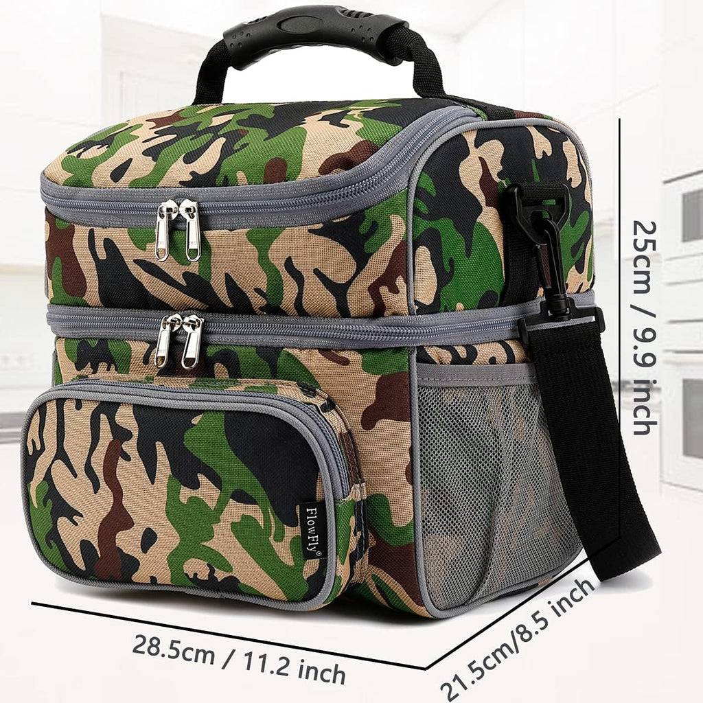 FlowFly Double Layer Cooler Insulated Lunch Bag Adult Lunch Box Large Tote Bag for Men, Women, With Adjustable Strap,Front Pocket and Dual Large Mesh Side Pockets