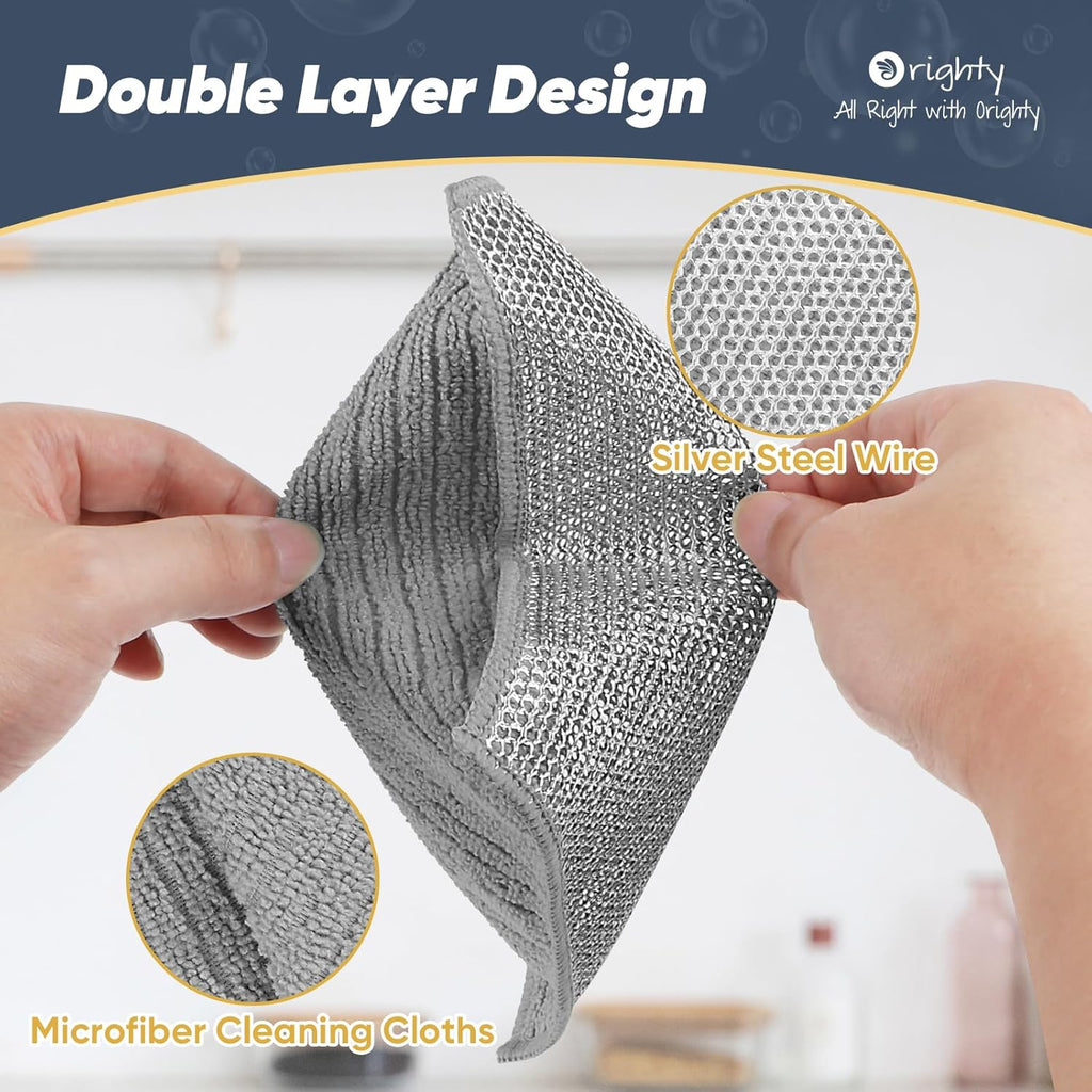 Orighty Multipurpose Wire Dishwashing Rag 12 Pcs, Upgraded Double-Layer Non-Scratch Wire Dish Cleaning Cloths, Reusable Steel Scrubber for Kitchen, Powerful Dishcloth Rag for Cookware, Grey, 7"x8"