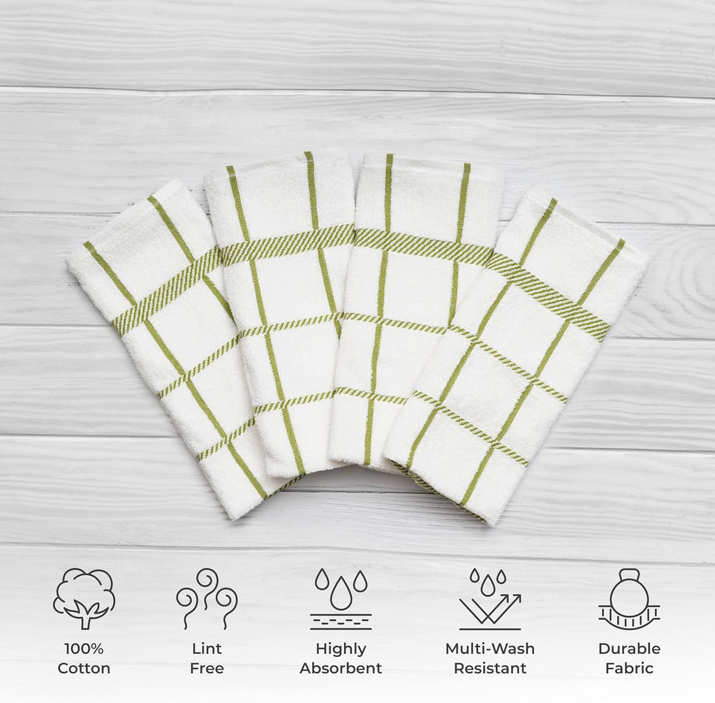 100% Cotton Terry Dish Towels, 4 Pack Checks, 16 x26 Inches, Super Soft and Absorbent Kitchen Towels, Perfect for Kitchen Cleaning and Dish Washing | Green