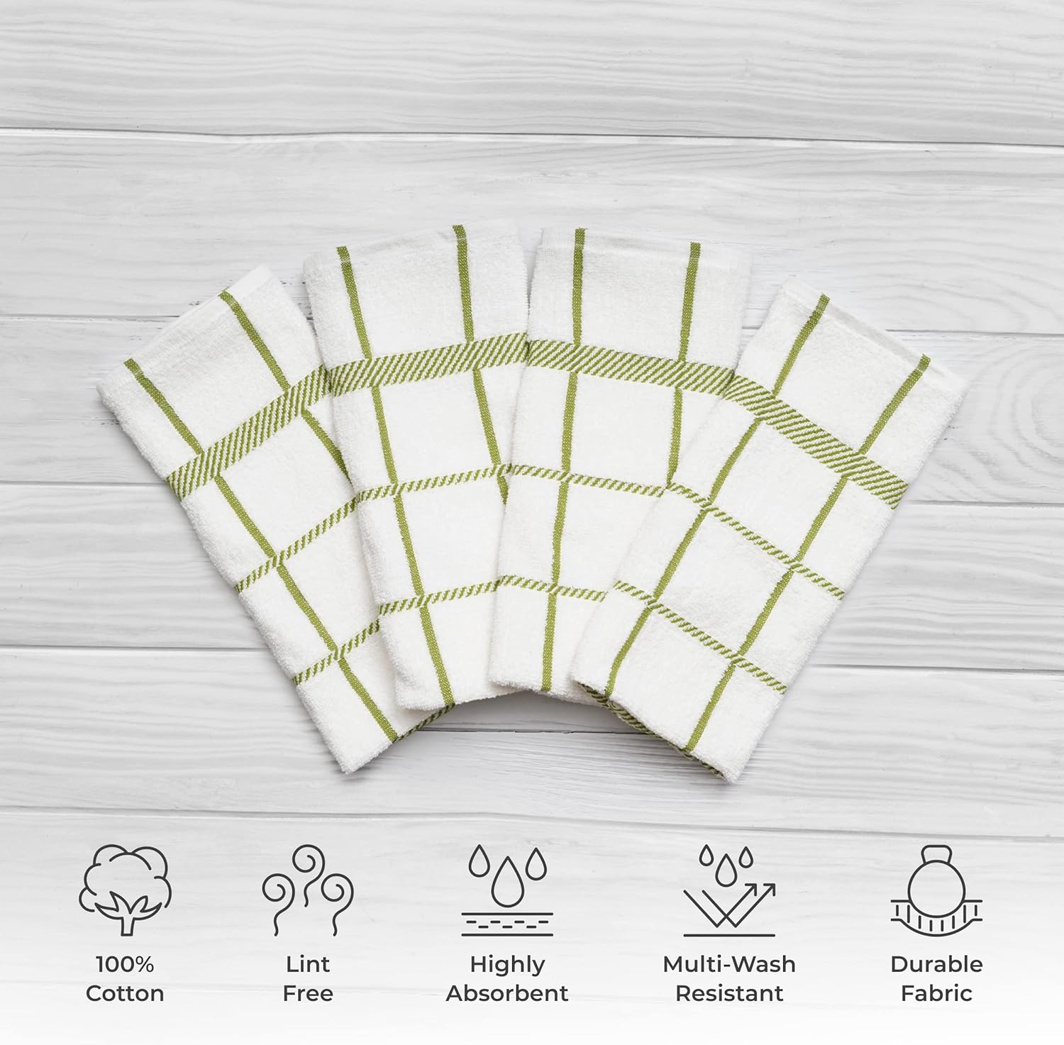 100% Cotton Terry Dish Towels, 4 Pack Checks, 16 x26 Inches, Super Soft and Absorbent Kitchen Towels, Perfect for Kitchen Cleaning and Dish Washing | Green