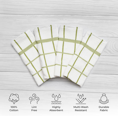 100% Cotton Terry Dish Towels, 4 Pack Checks, 16 x26 Inches, Super Soft and Absorbent Kitchen Towels, Perfect for Kitchen Cleaning and Dish Washing | Green