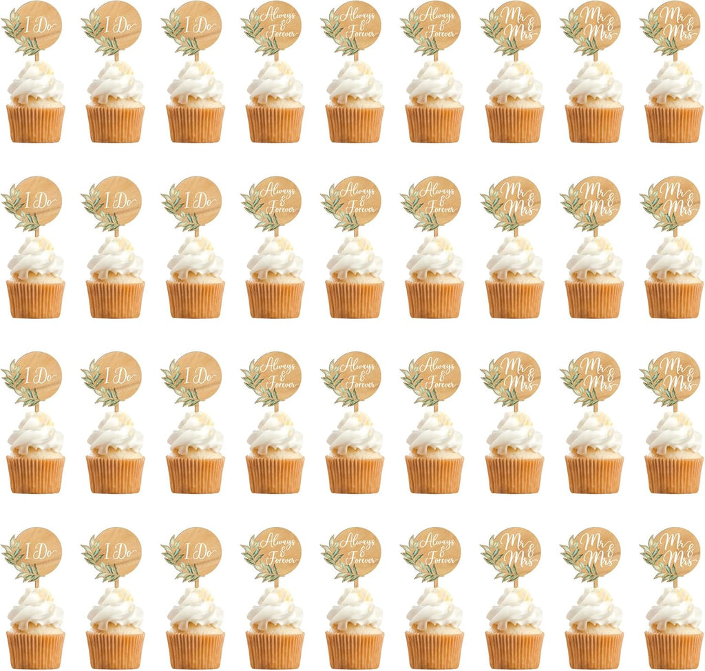 36 PCS Greeny Wedding Cupcake Toppers in Wood Mr & Mrs Engagement Cupcake Decorations