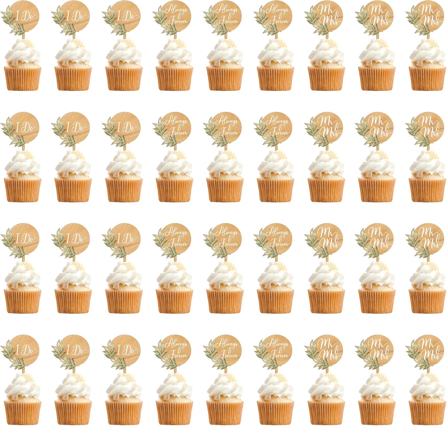 36 PCS Greeny Wedding Cupcake Toppers in Wood Mr & Mrs Engagement Cupcake Decorations