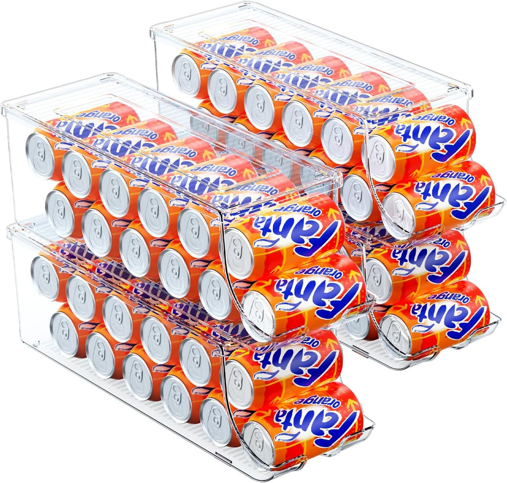 4 Pack Soda Can Organizer for Refrigerator, Stackable Canned Food Pop Cans Container Can Holder Dispenser with Lid for Fridge Rack Freezer, Clear Storage Bins-Holds 12 Cans Each (Transparent)