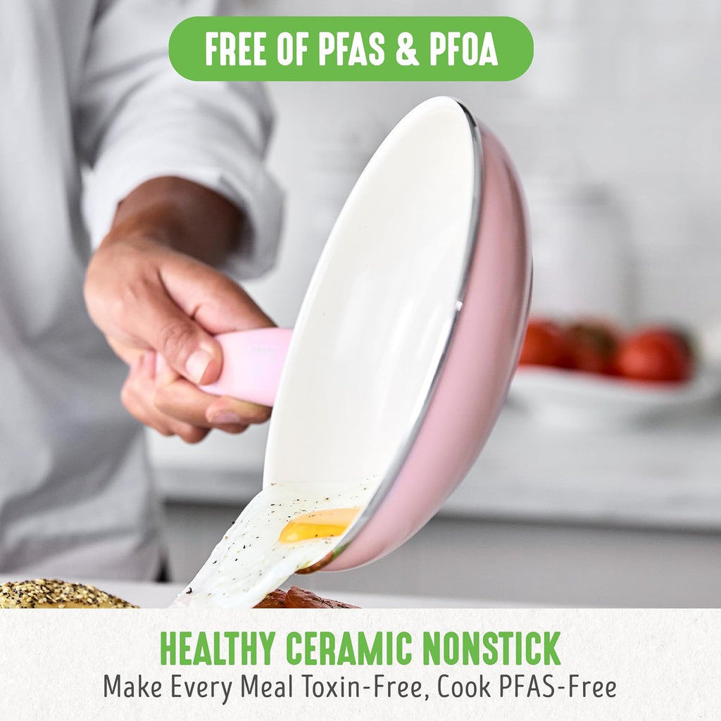 GreenLife 16 Piece Nonstick Cookware Set, Soft Grip Non-Toxic PFAS-Free Ceramic Pots & Pans, Dishwasher & Oven Safe, Frying, Sauce, Saute, Utensils, Glass Lids, Stay-Cool Handles, Wobble Free, Pink
