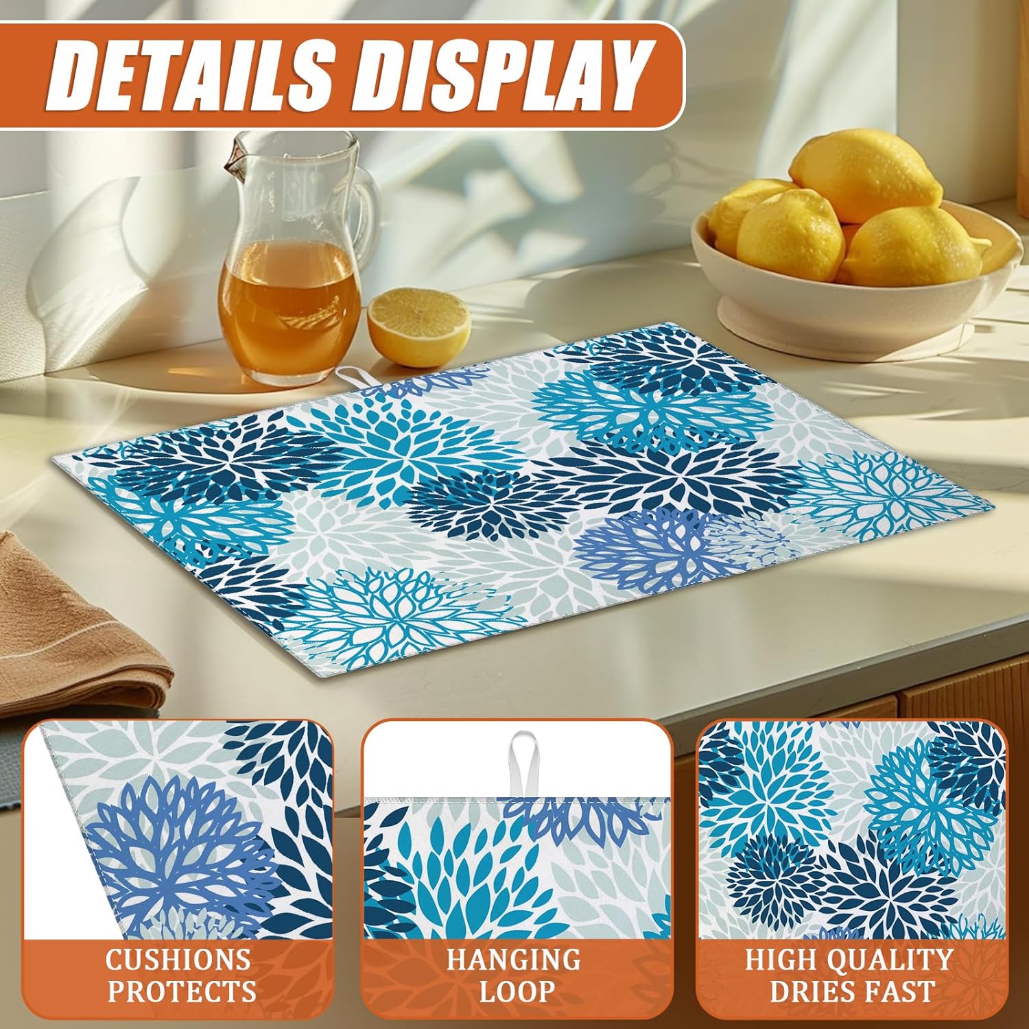 Blue Floral Dish Drying Mat for Kitchen Counter Microfiber Absorbent Dish Kitchen Drying Mat Draining Reusable Washable for Dishes/Utensils/Counterto