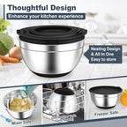 TeamFar Mixing Bowls, Black Mixing Bowls with Lids Set, Stainless Steel Nesting Salad Bowl with Air-tight Lid & Silicone Bottom, Non Slip & Stackable - Set of 6-4.6/2.6/2 / 1.5/1 / 0.7 Qt