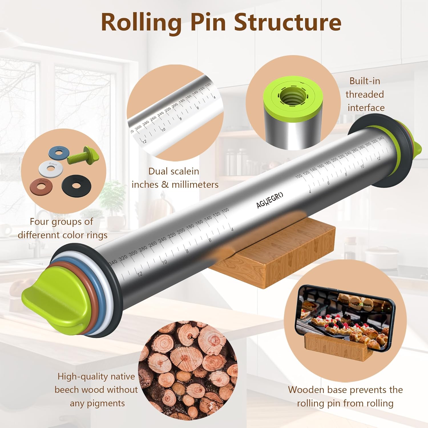 Stainless Steel Rolling Pin with Thickness Rings and Pastry Baking Mat for Baking, Fondant, Pizza, Pie, Cookies, Pastries, 13.6" Rolling Pin with 4 Multi-Color Thickness Rings and Wooden Stand