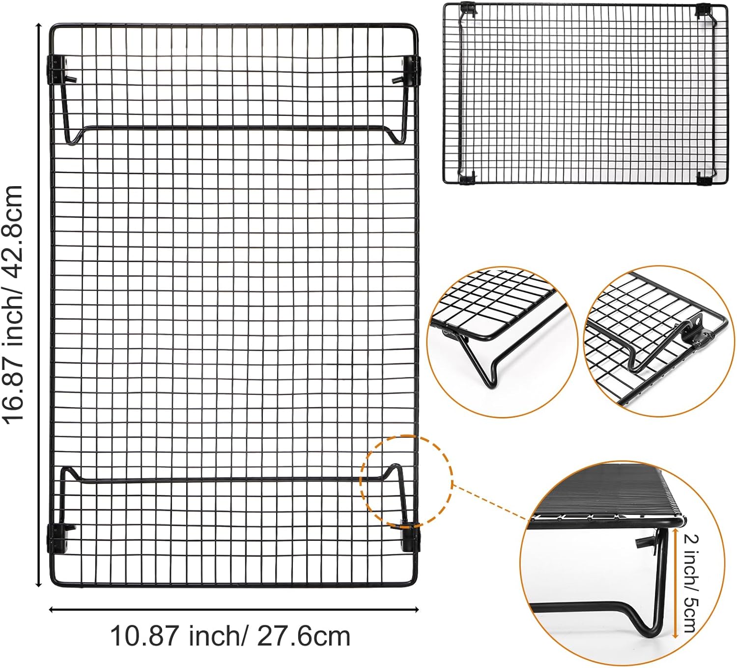 Kingrol 2-Piece Cooling Rack with Collapsible Folding Legs - for Cooking, Roasting, Drying, Grilling (Black)