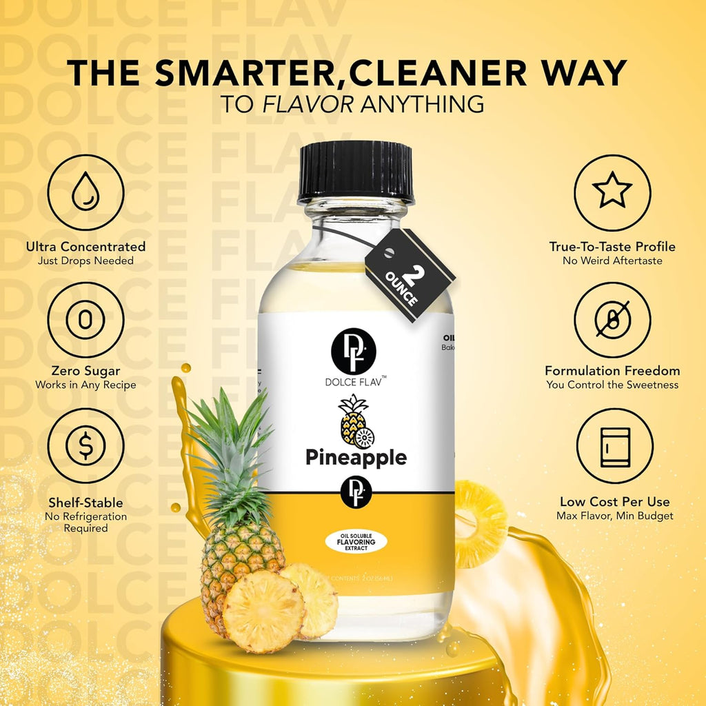 Dolce Flav Pineapple Extract – 8 Ounce Oil-Soluble Kosher Kosher, Sugar-Free, Concentrated Tropical Flavor for Candy, Chocolates & Desserts, Includes Measured Dropper