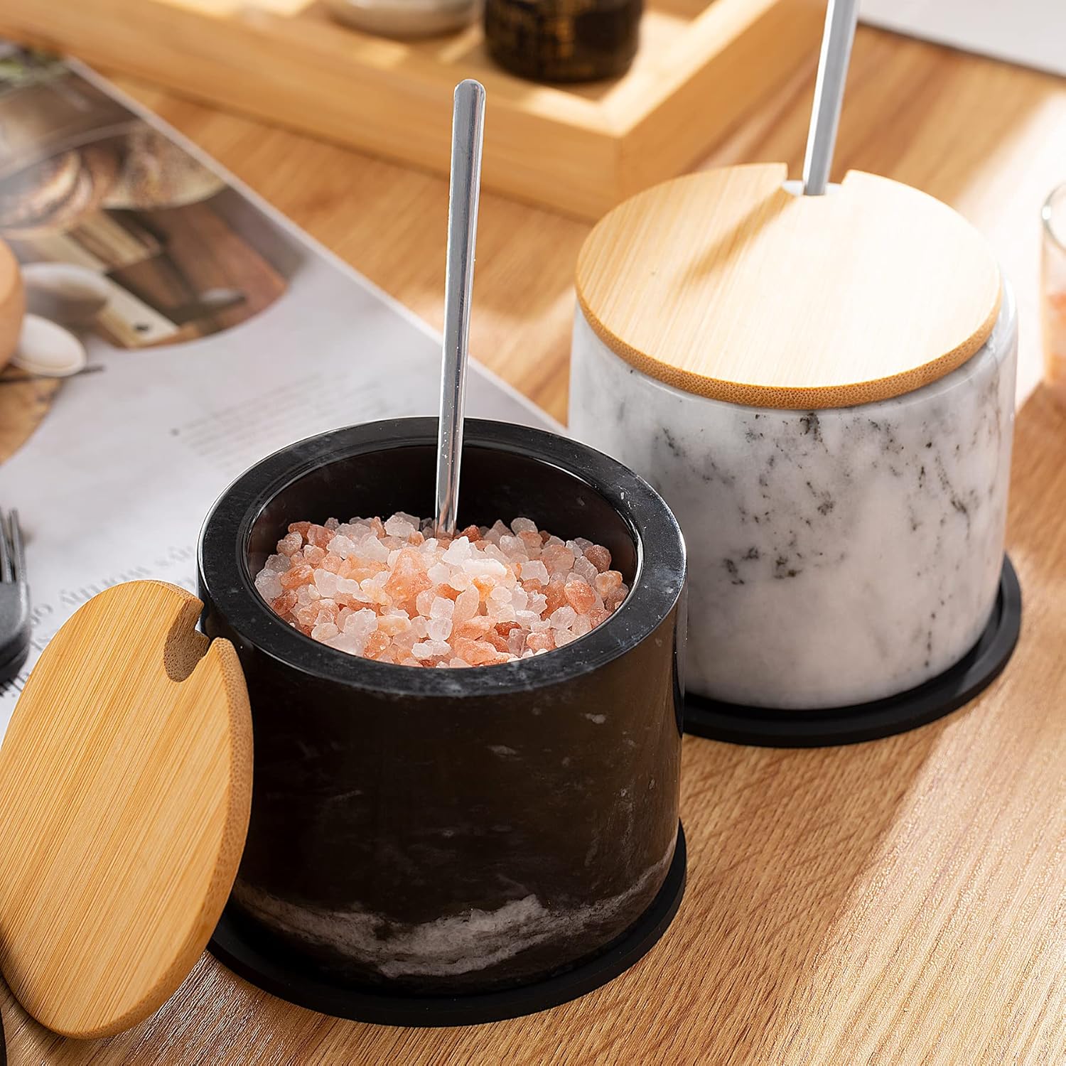 Marble Salt Cellar with Lid & Spoon, 11oz Salt and Pepper bowls, Handcrafted from Natural Marble, Smooth Inside (White)