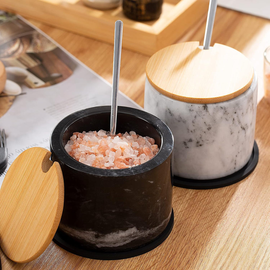 Marble Salt Cellar Set, 2 PCS 11oz Salt and Pepper bowls, Handcrafted from Natural Marble, Smooth Inside (White & White Set)