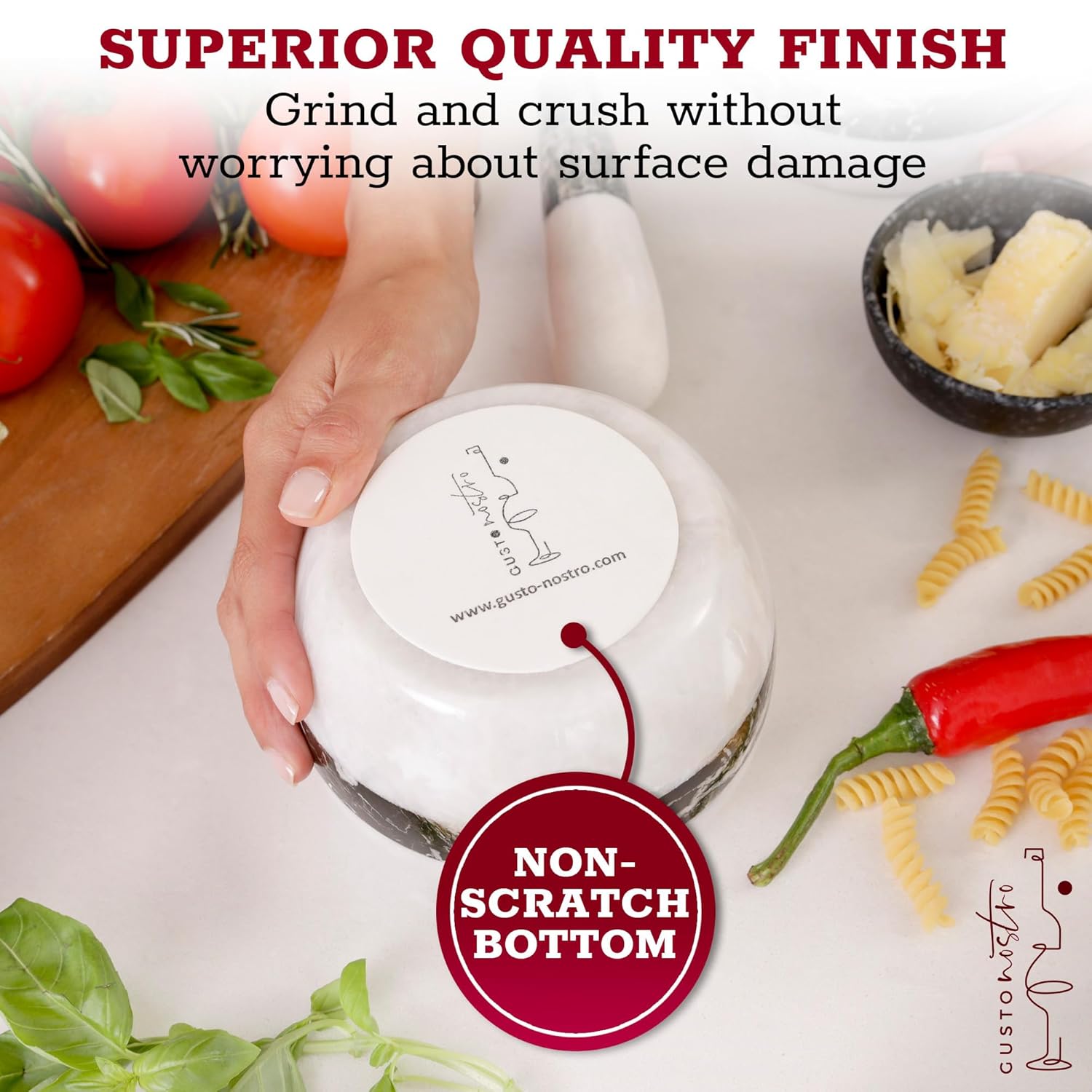 Gusto Nostro Natural Marble Mortar and Pestle Set | 6 Inch - 3.5 Cup Extra Large Mortar Pestle Set for Grinding Herbs, Nuts, Grains | Pesto Grinding and Guacamole Stone Bowl | Marble Spice Crusher