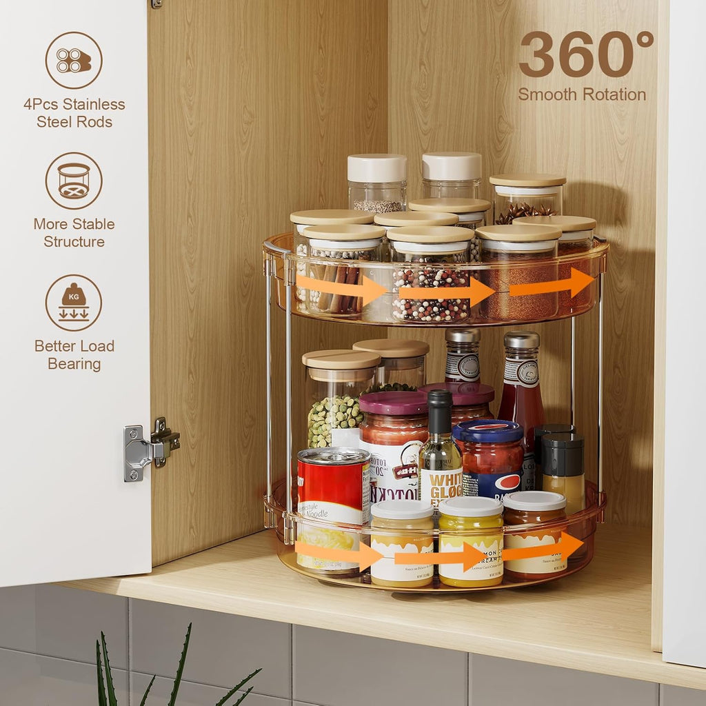 LAMU 12inch 2 Tier Lazy Susan Turntable Organizer Rotating Spice Rack Organization for Cabinet, Kitchen, Pantry, Countertop, Bathroom, Vanity, Medicine Cabinet Organizer, Amber