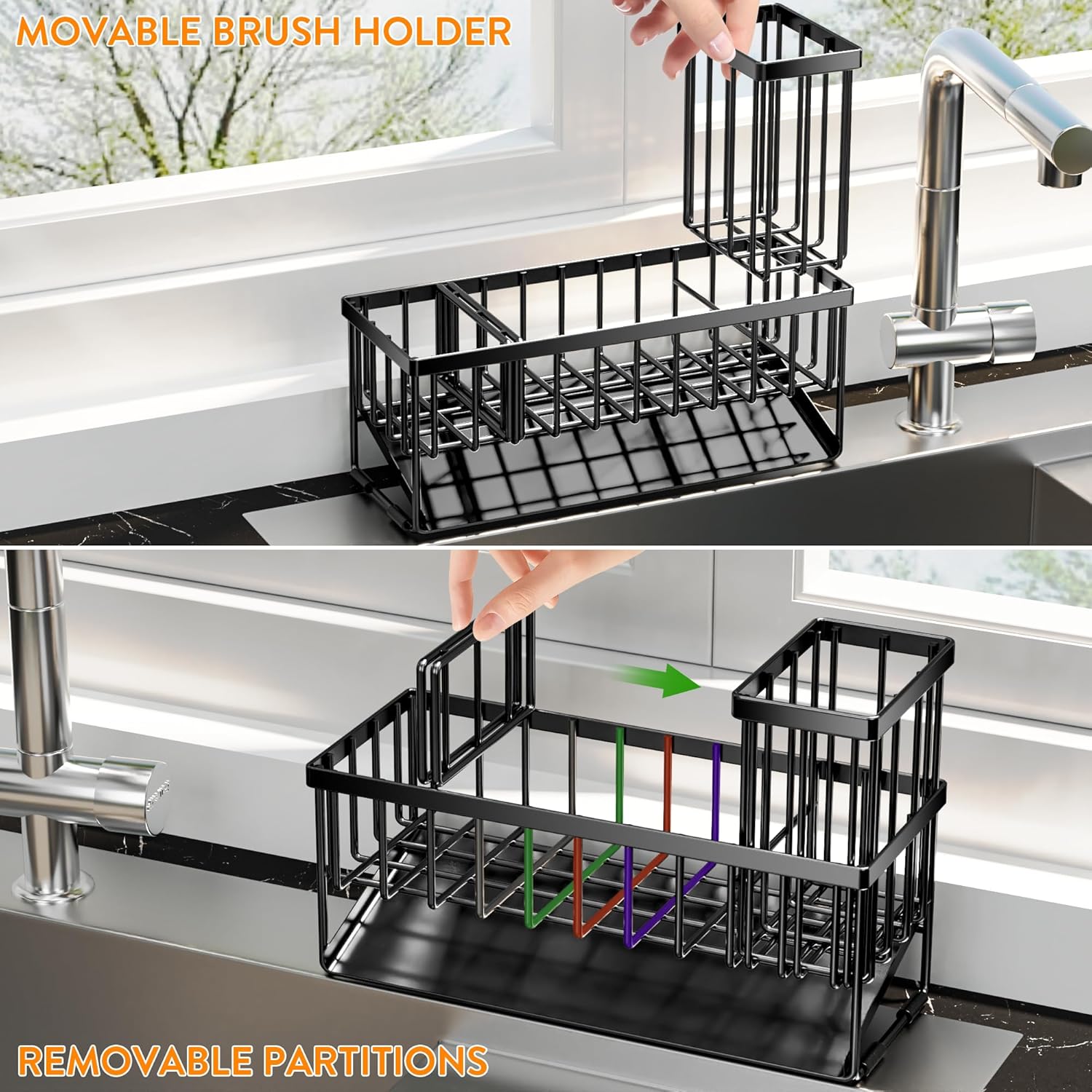 Cisily Extra Large Kitchen Sink Caddy Organzier with High Brush Holder, Sponge Holder for Sink, 304 Rustproof Stainless, Kitchen Countertop Soap Dispenser Organizer For Decor and Accessories