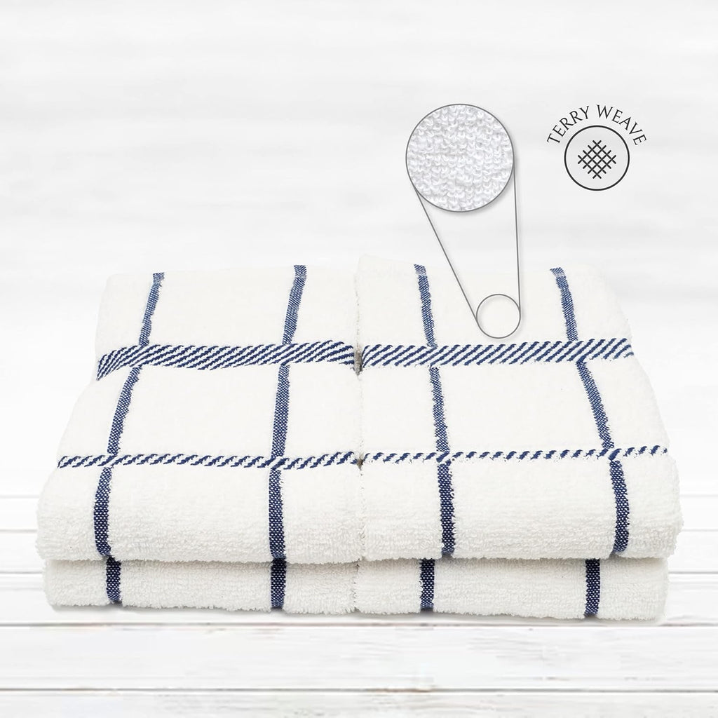 100% Cotton Terry Dish Towels, 4 Pack Checks, 16 x26 Inches, Super Soft and Absorbent Kitchen Towels, Perfect for Kitchen Cleaning and Dish Washing | Navy Blue
