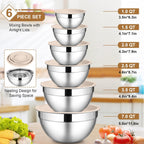 LIANYU Mixing Bowls with Airtight Lids Set, 6 Piece Stainless Steel Metal Kitchen Nesting Bowl, Size 7, 3.5, 2.5, 2, 1.5, 1QT for Prepping, Baking & Food Storage, Dishwasher & Freezer Safe, Khaki