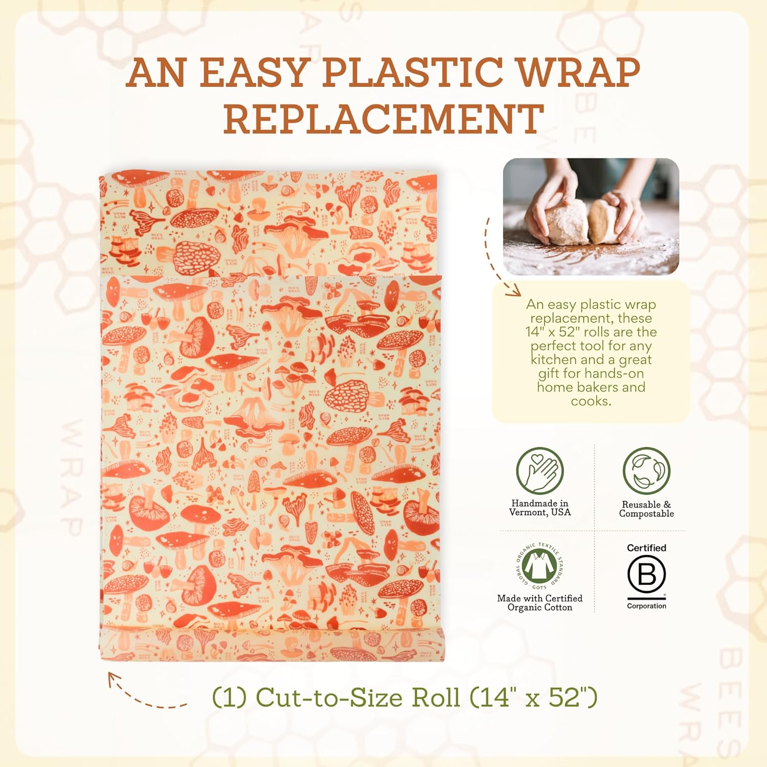 Bee's Wrap Beeswax Wraps for Food - Mushroom Magic Cut to Size 14x52" Wax Paper Roll - Made in USA Reusable Waxed Paper & Bowl Covers - Organic Eco-Friendly Alternative to Aluminum Foil & Plastic Wrap