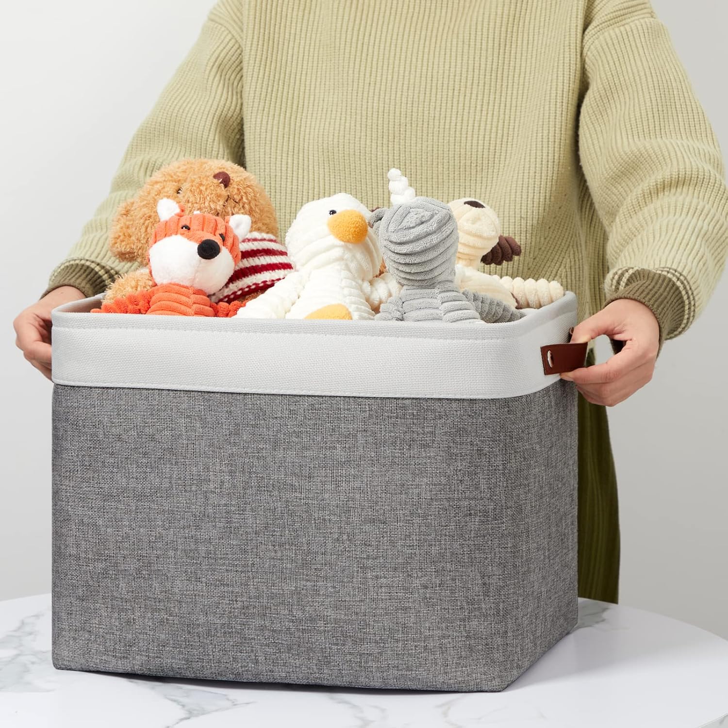 DULLEMELO Storage Baskets Large 16"x12"x12" Rectangular Storage Bins Baskets for Organizing [2 Pack] Fabric Collapsible Storage Organizer for Home,Office,Closet,Clothes,Toys (White&Grey)