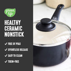GreenLife 2 Quart Ceramic Nonstick Saucepan with Lid, PFAS-Free, Stay-Cool Handle, Multipurpose Kitchen Cooking Pot, Dishwasher & Oven Safe, Black
