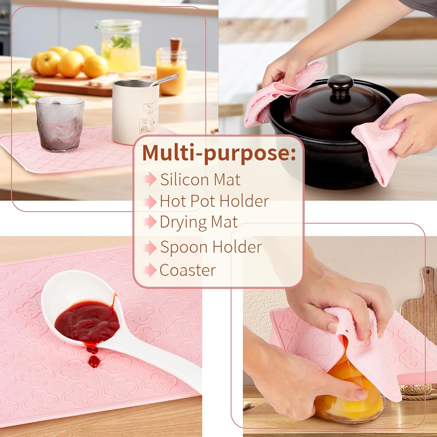 LEHAHA Melamine Serving Tray with Handles, 17.25 x 12 Inch Aesthetic Serving Platters and Trays with Curved Sides, Tray for Lunch, Coffee, or Breakfast, Set of 4, Silicone placemats Included,Pink