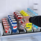 Soda Can Dispenser, Self-Pushing Drink Organizer, Width Adjustable Fridge Organization, Beer Pop Can Water Bottle Dispenser (15.1"D) White (5 Row, Black)